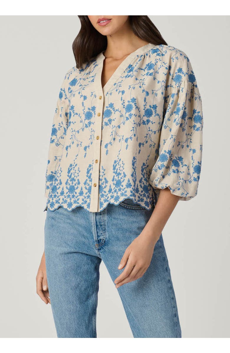 Shoshanna Fred Serra Embroidery Top, Main, color, Flax/Powder Blue