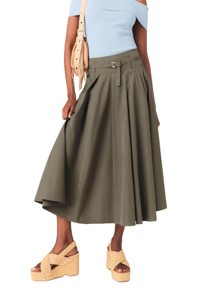 maje Cotton pleated maxi skirt, Main, color, Khaki