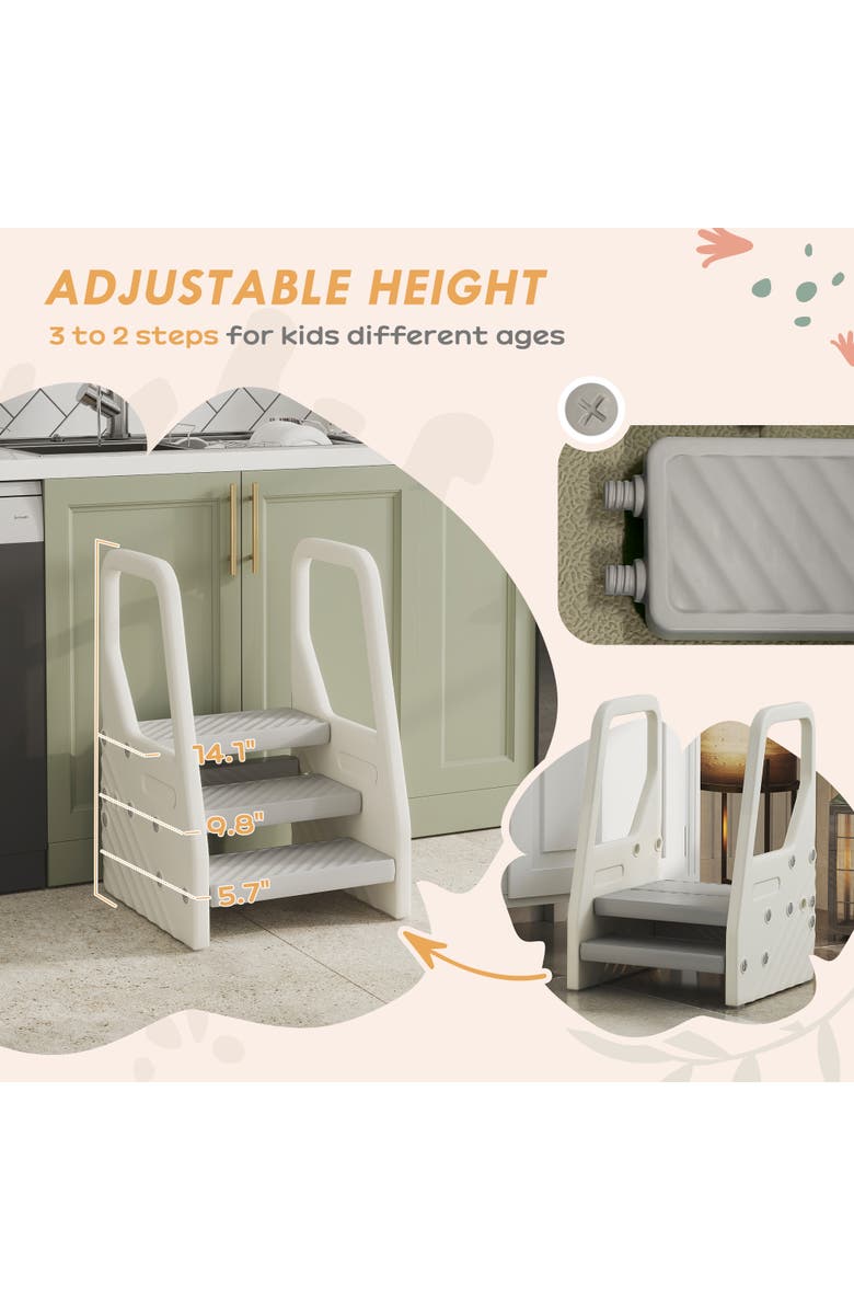 Qaba 3-Step Kids Kitchen Stool Helper, Handles, Non-slip Surface, Foot Pads, Alternate, color, Gray