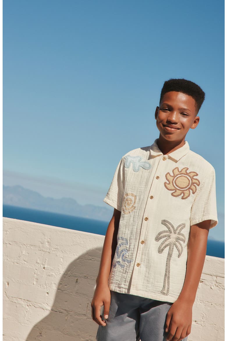 Kids' Beach Embroidered Short Sleeve Cotton Button-Up Shirt, Alternate, color, NEUTRAL
