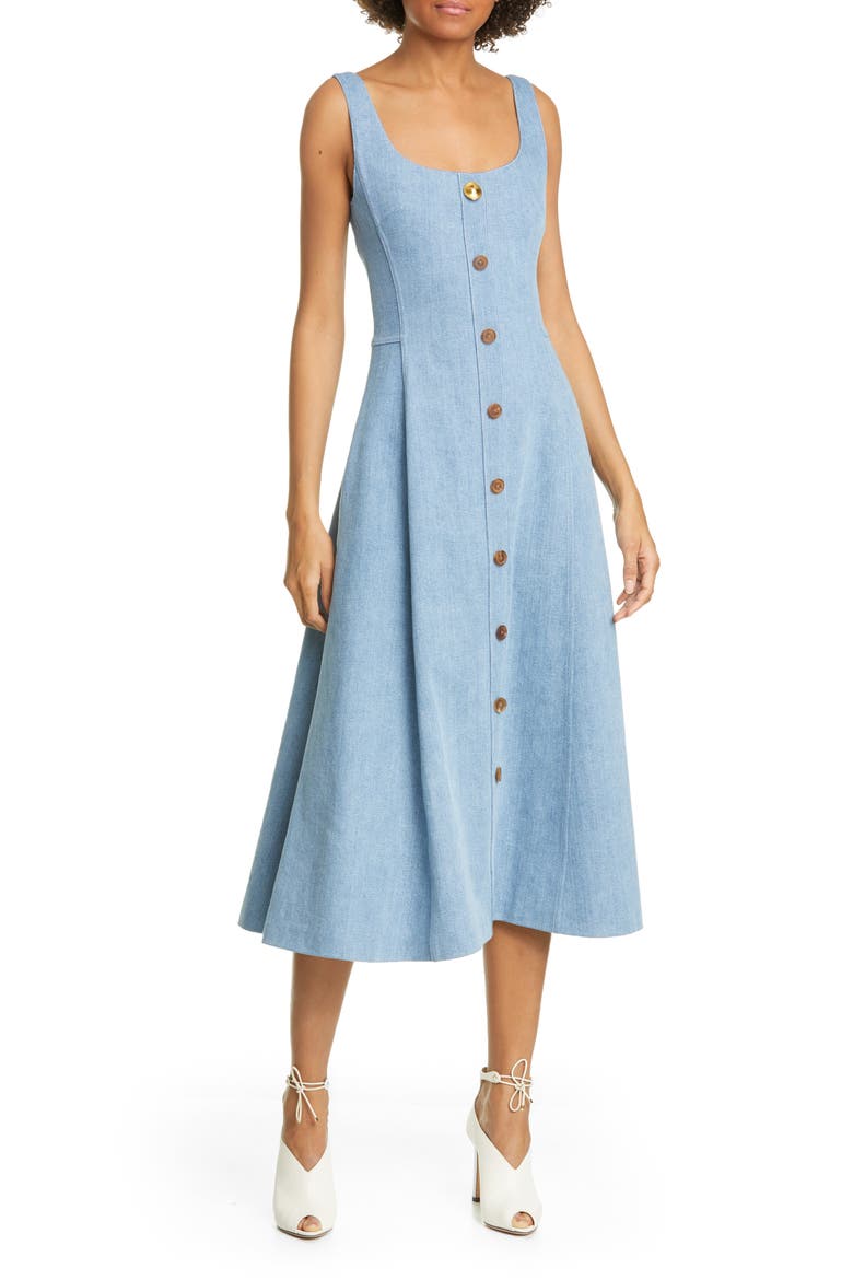 Stretch Denim Fit & Flare Midi Dress, Main, color, LIGHT INDIGO
