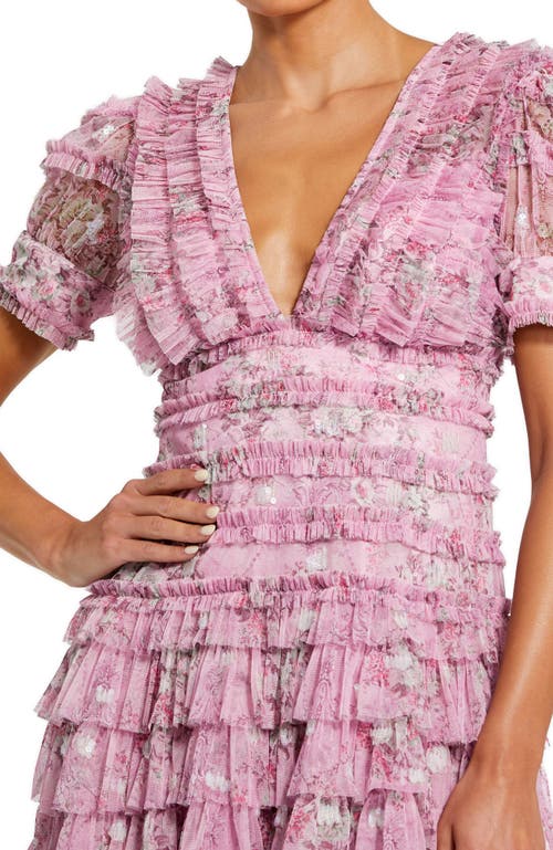Mac Duggal Deep V Lace Back Puff Sleeve Mini Dress In Lilac Multi