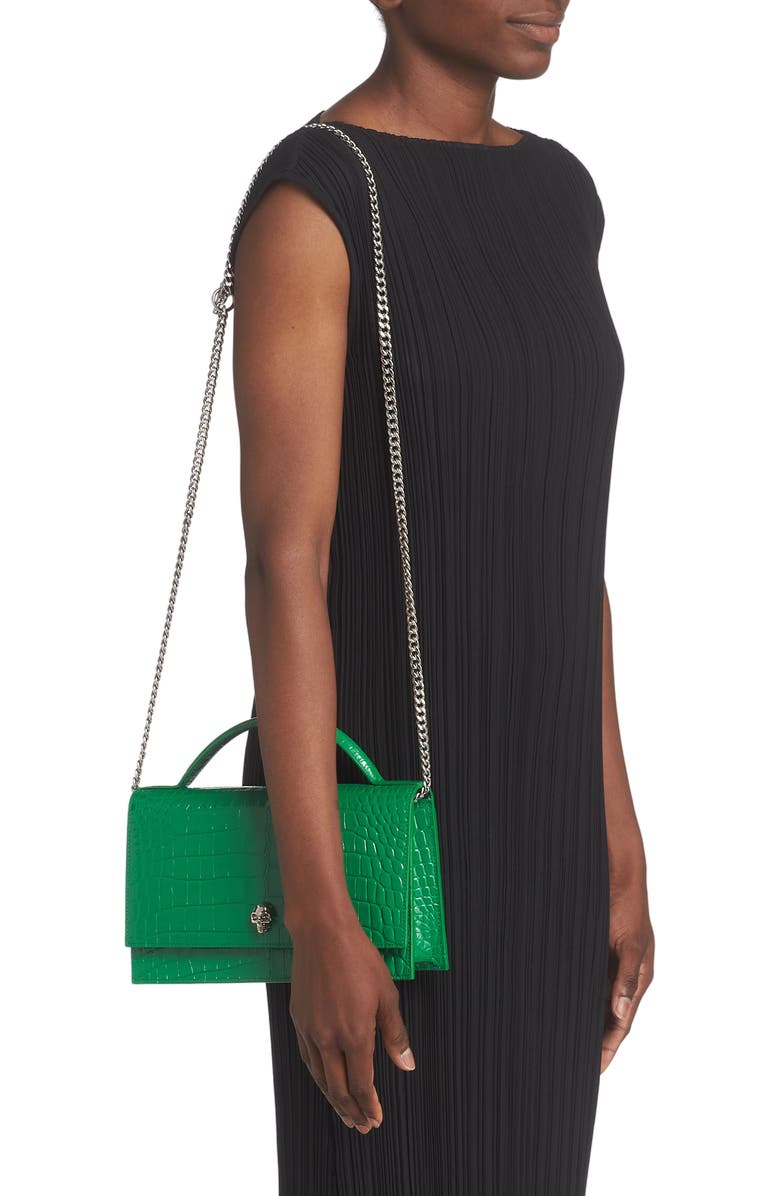 McQueen Medium Skull Croc Embossed Leather Crossbody Bag, Alternate, color,