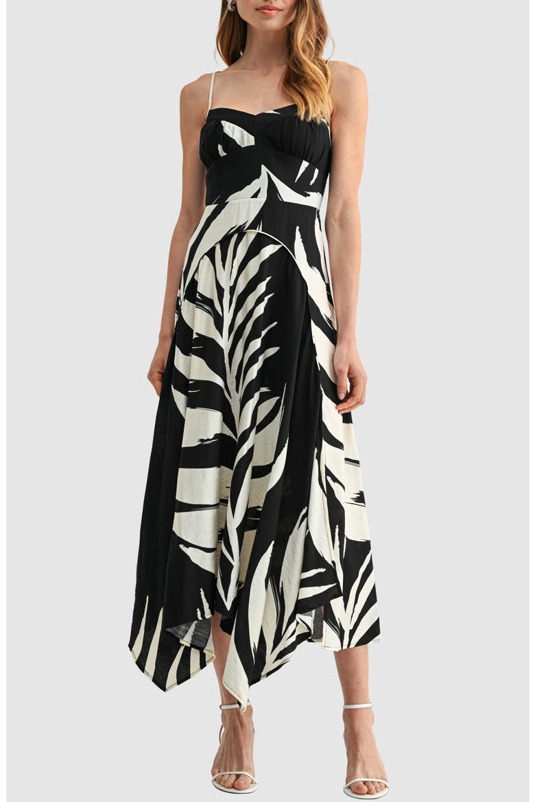 Handkerchief Hem Fit and Flare Midi Dress, Main, color, BLACK CREAM