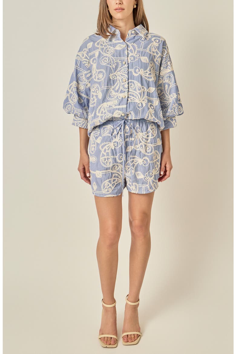 Embroidered Volume Sleeve Shirt, Alternate, color, BLUE/ CREAM