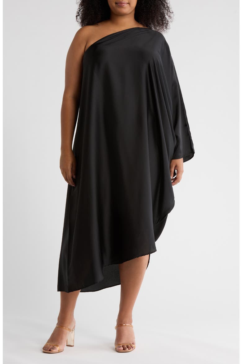 One-Shoulder Satin Dress, Main, color, BLACK