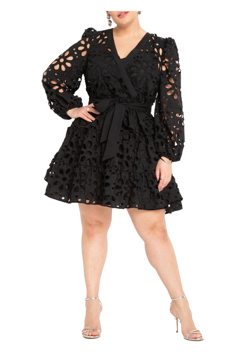 ELOQUII Tiered Eyelet Mini Dress, Main, color, Black Onyx