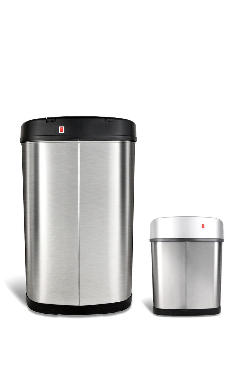 NINESTARS Oval Automatic Touchless Infrared Motion Sensor Trash Can Combo 2-Piece Set - 13.2 Gallons/2.1 Gallons, Alternate, color, Silver Black
