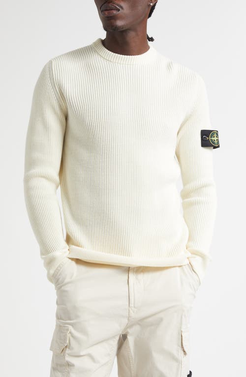 Stone Island Compass Patch Rib Virgin Wool Crewneck Sweater In White