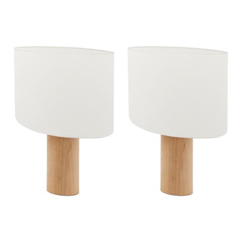 Mia Natural Wood LED Table Lamps with Drum Shades, Set of 2