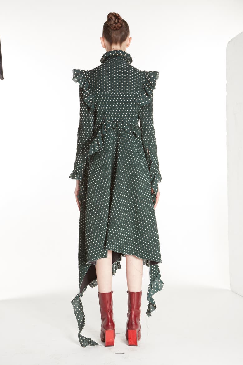 High Neck Frilled Polka Dot Dress, Alternate, color, GREEN