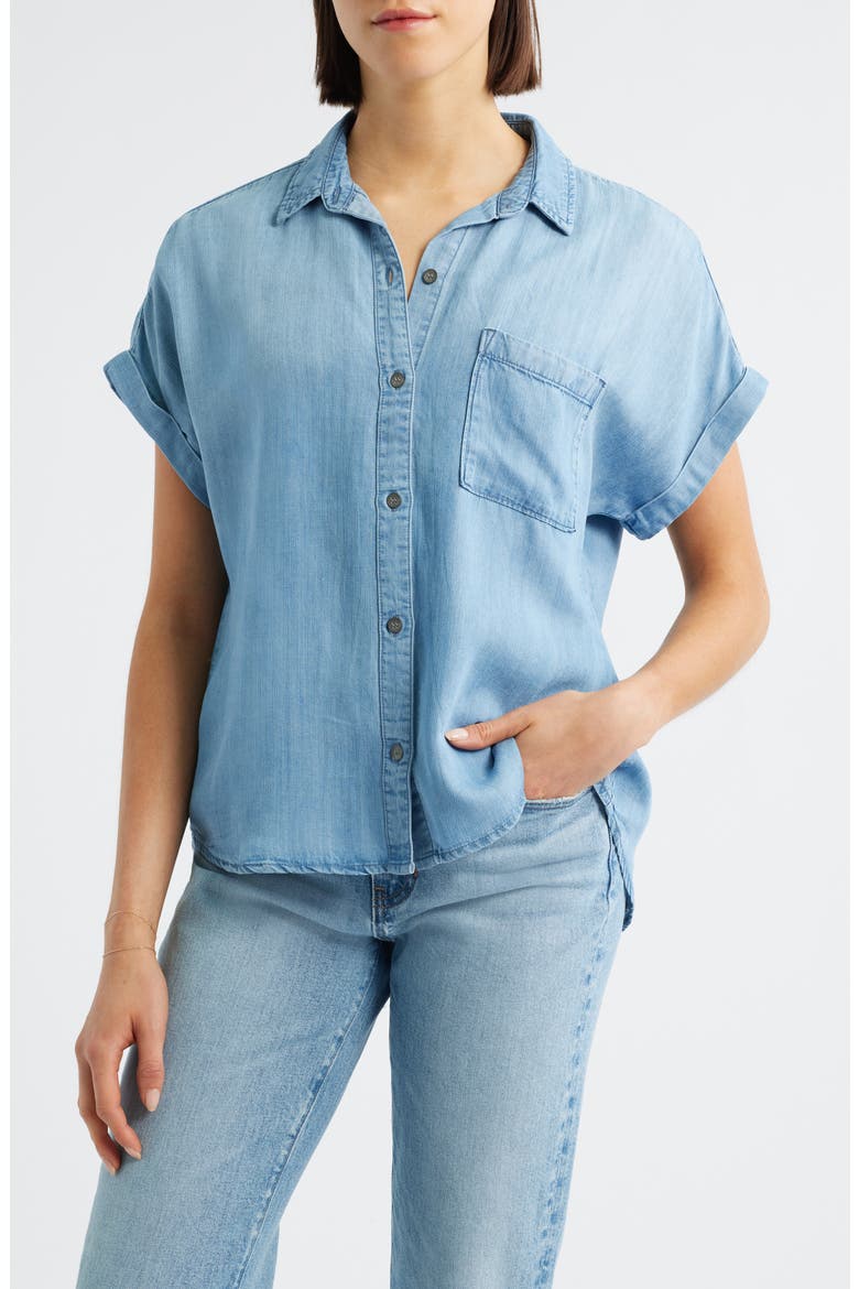 Cuffed Denim Shirt, Main, color, WORN BLUE WASH