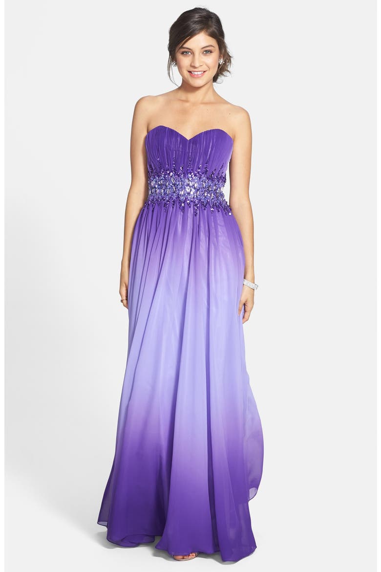 Beaded Waist Strapless Ball Gown, Main, color, VIOLET OMBRE