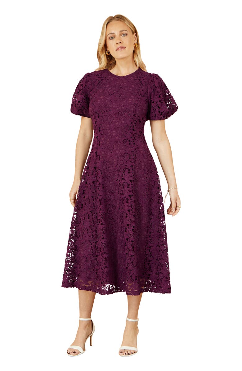 Yumi Stretch Lace Midi Dress, Main, color, Burgundy