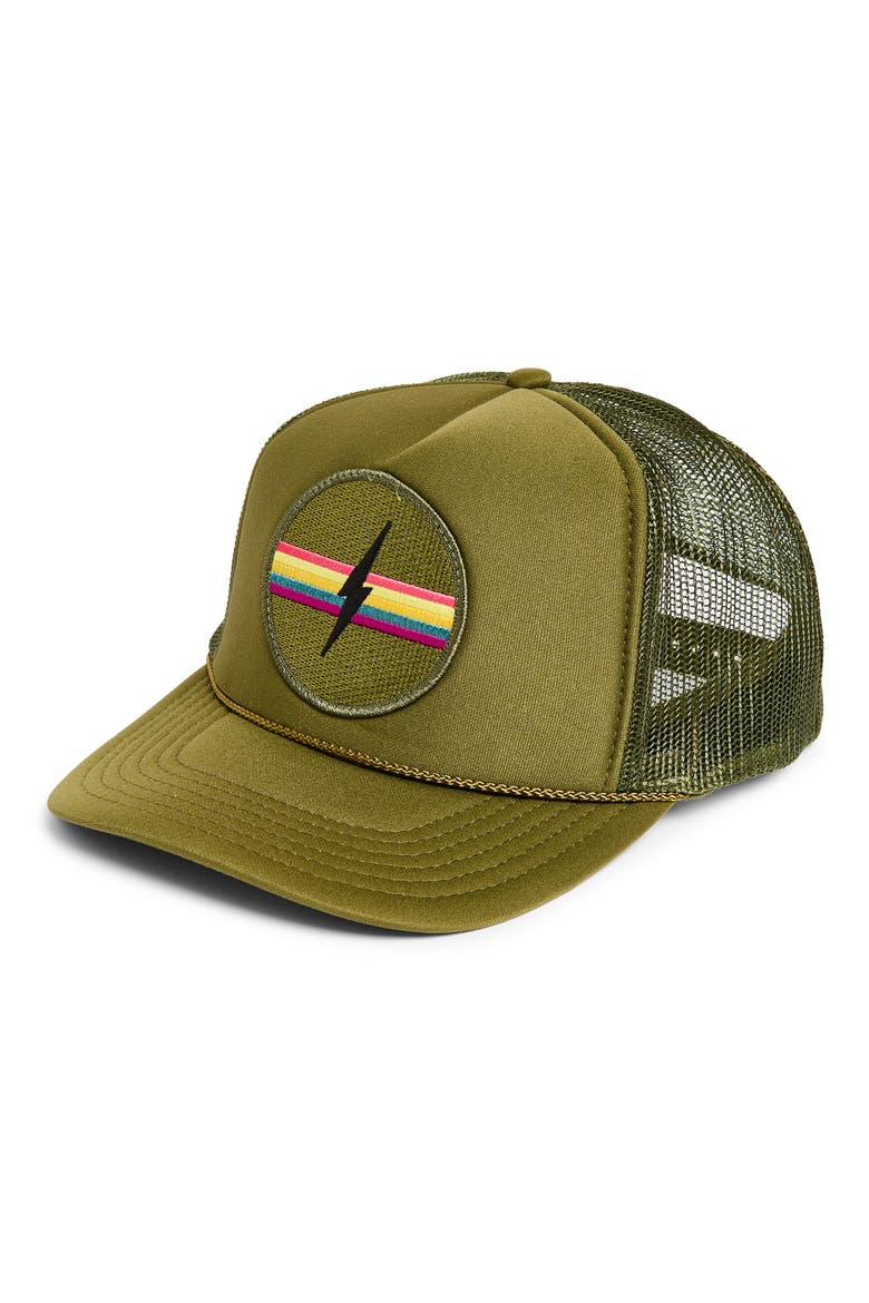 Electric Rainbow Trucker Hat, Main, color, OLIVE