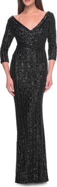 La Femme Evening Dress in Unique Sequin Fabric with Sleeves