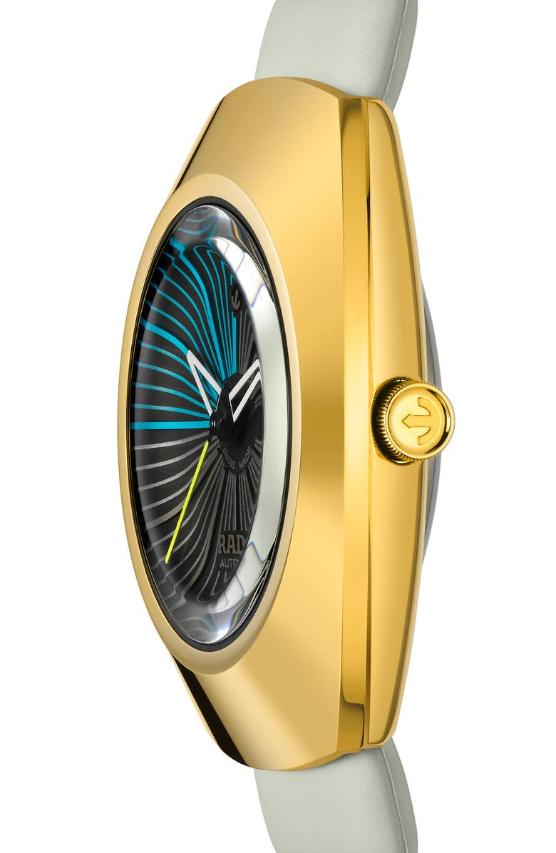 RADO DiaStar Original x Tej Chauhan Automatic Rubber Strap Watch, 38mm, Alternate, color, Gold