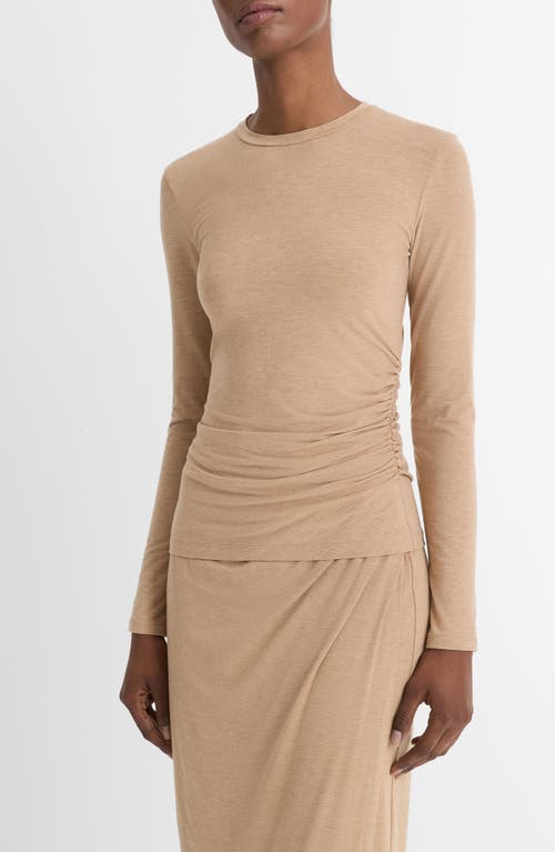 Vince Side Drape Long-sleeve Crewneck Top In Cashew