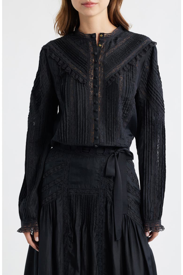 Aralina Lace & Ruffle Silk Shirt, Alternate, color, BLACK