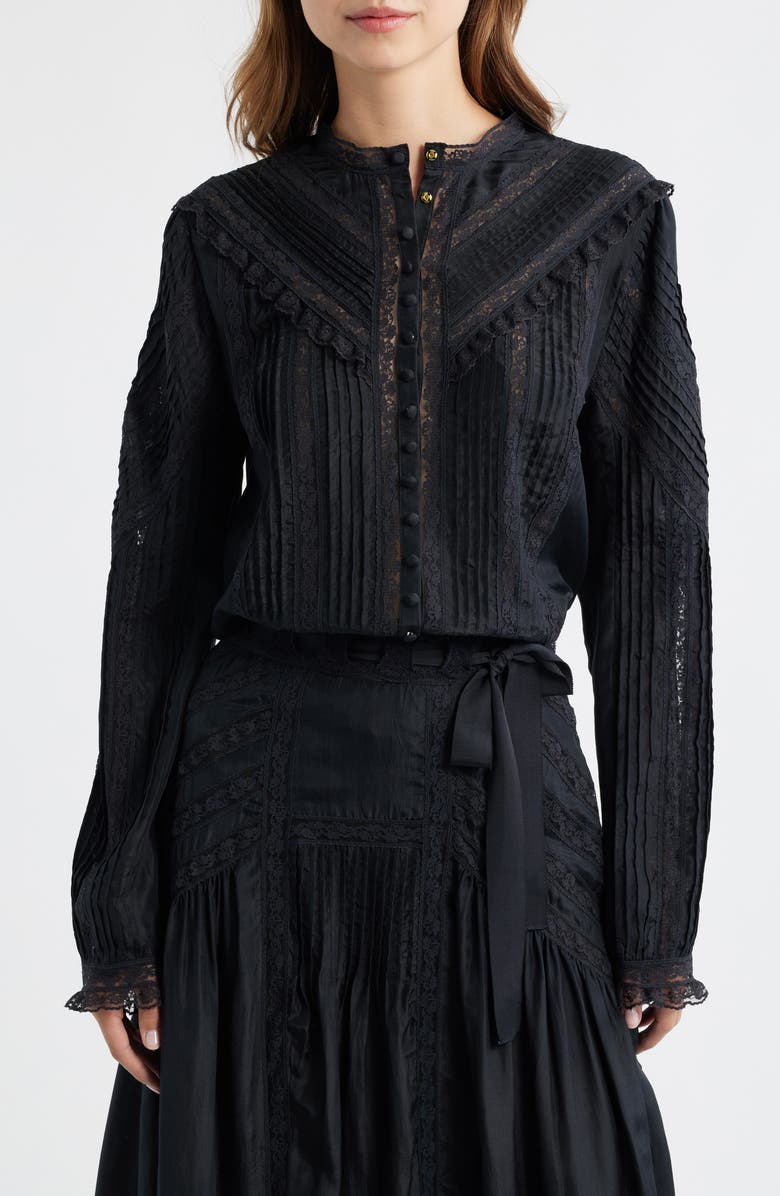 LoveShackFancy Aralina Lace & Ruffle Silk Shirt, Alternate, color, Black