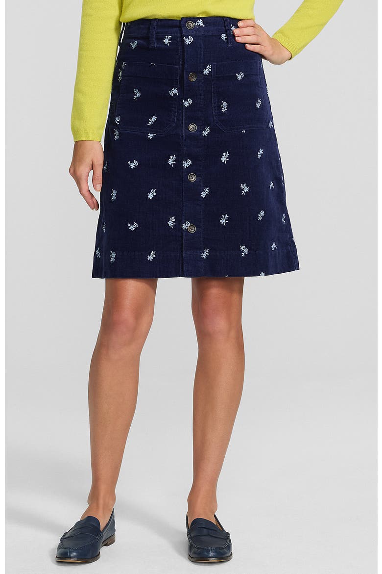 Corduroy Mid Rise Button Through Above the Knee Skirt, Main, color, Embroidery/Deep Sea Navy