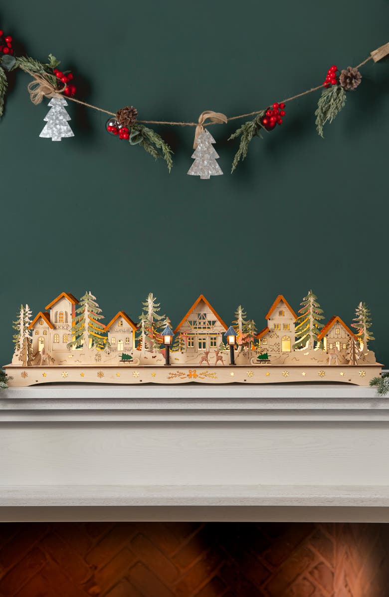 Balsam Hill Lit Wooden Christmas Mantel Village, Alternate, color, Natural