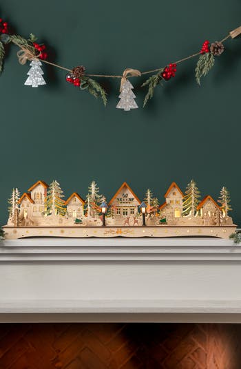 Lit Wooden Christmas Mantel Village