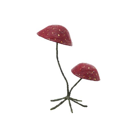 Handmade Paper Mache and Metal Mushrooms with Dots on Footed Stand, Red, Green and Gold Color