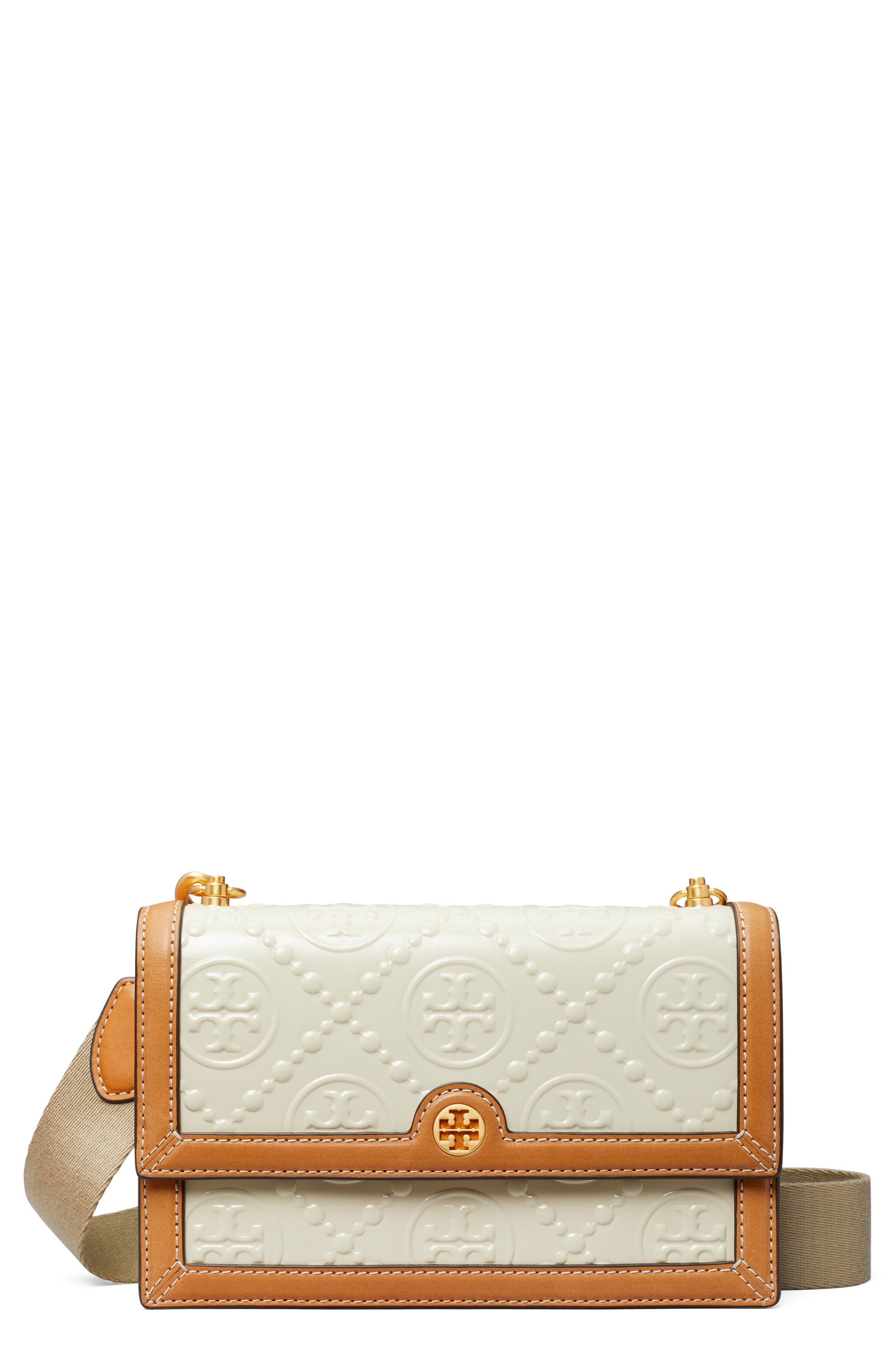 Tory Burch Mini T Monogram Embossed Patent Leather Shoulder Bag, Main, color, 