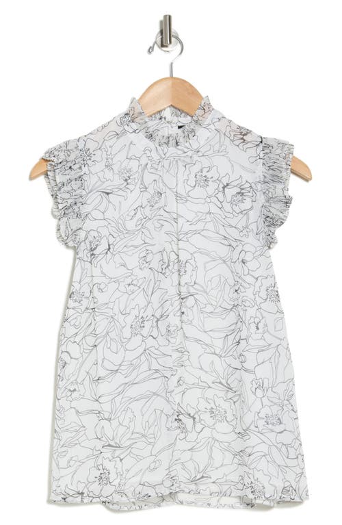 T Tahari Ruffle Cap Sleeve Top In White Star Black Sketch Floral