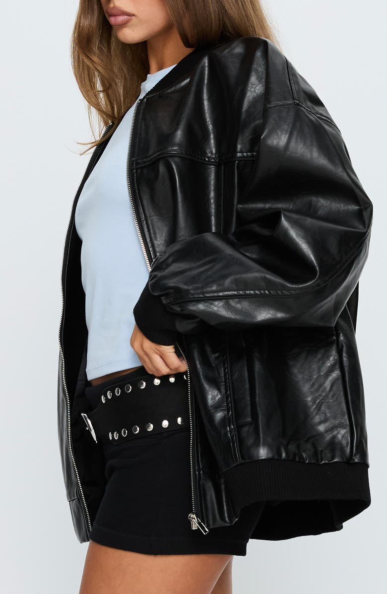 Princess Polly Believe It Faux Leather Bomber Jacket, Alternate, color, Black