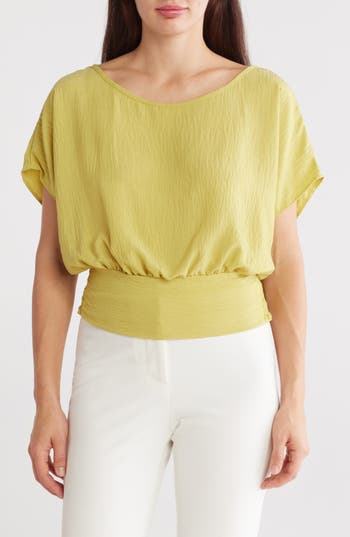 Renee C Short Sleeve Smocked Hem Blouson Top In Dark Citron