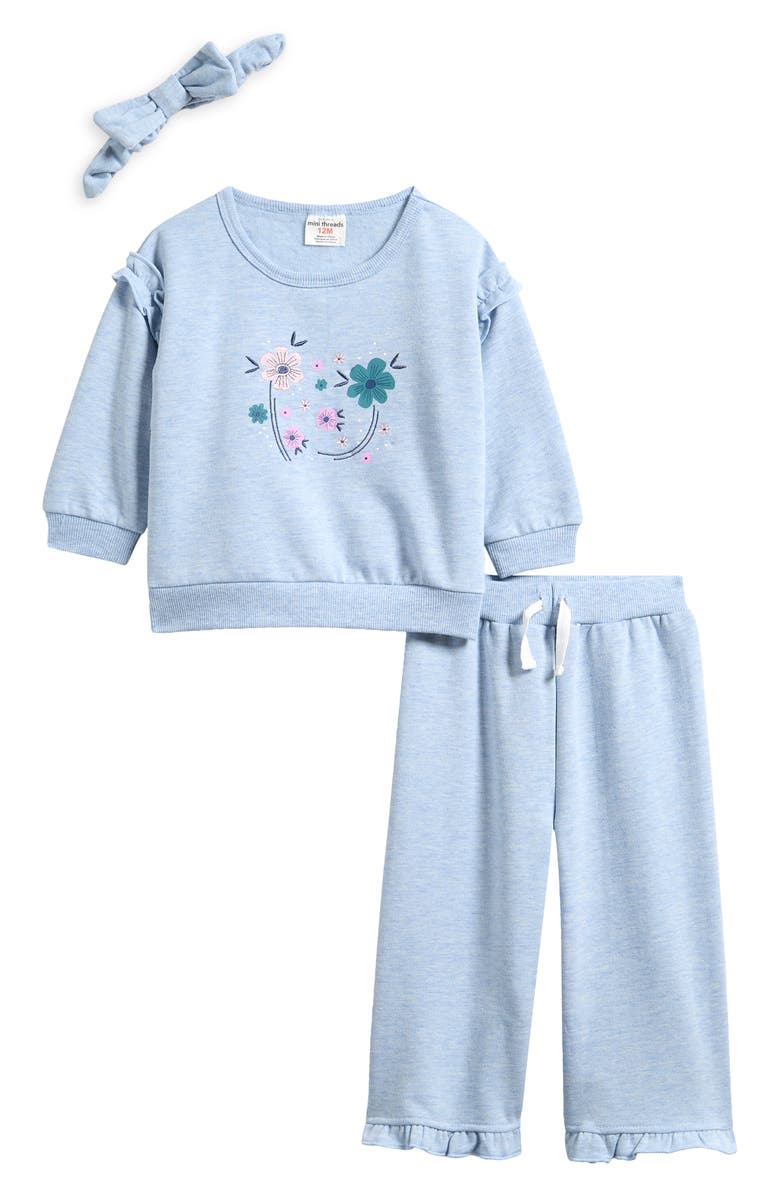PL Baby by Petit Lem Floral Ruffle Sweatshirt, Pants & Headband Set, Main, color, Light Blue Flowers