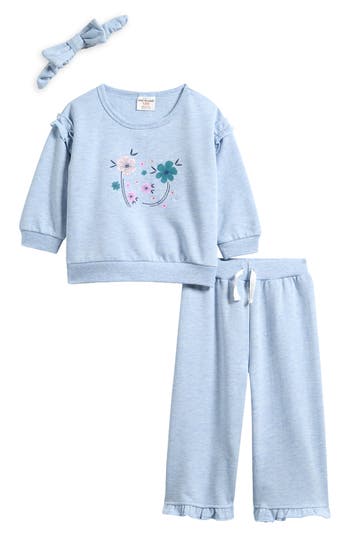 Pl Baby By Petit Lem Floral Ruffle Top, Leggings & Headband Set In Blue