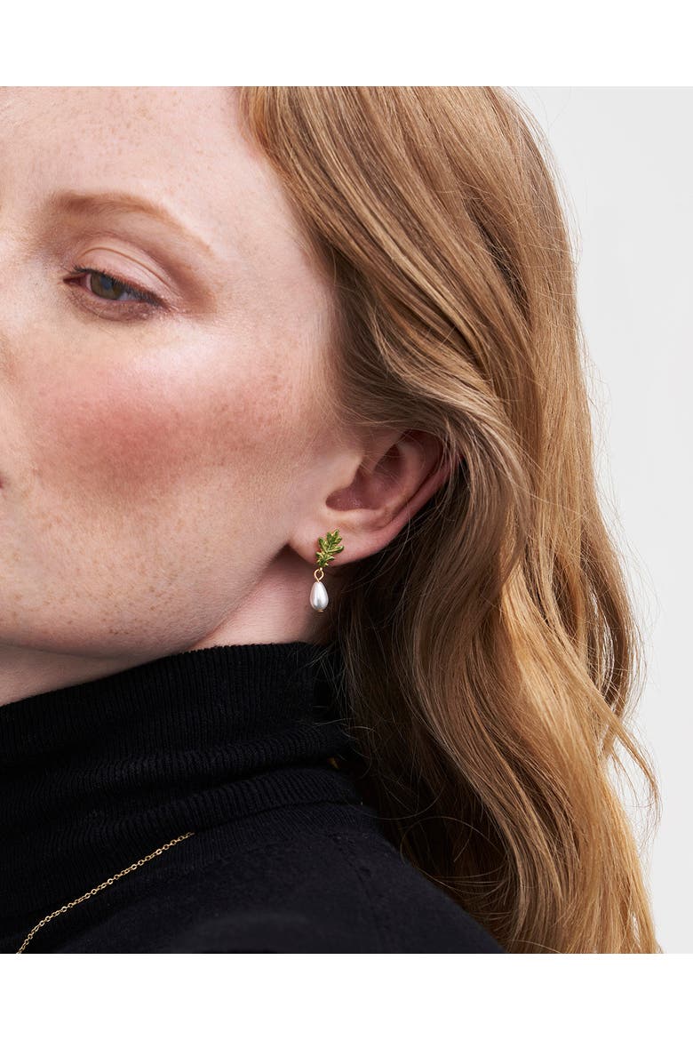 Oak Leaf Pearl Drop Gold Earrings, Alternate, color, Gold