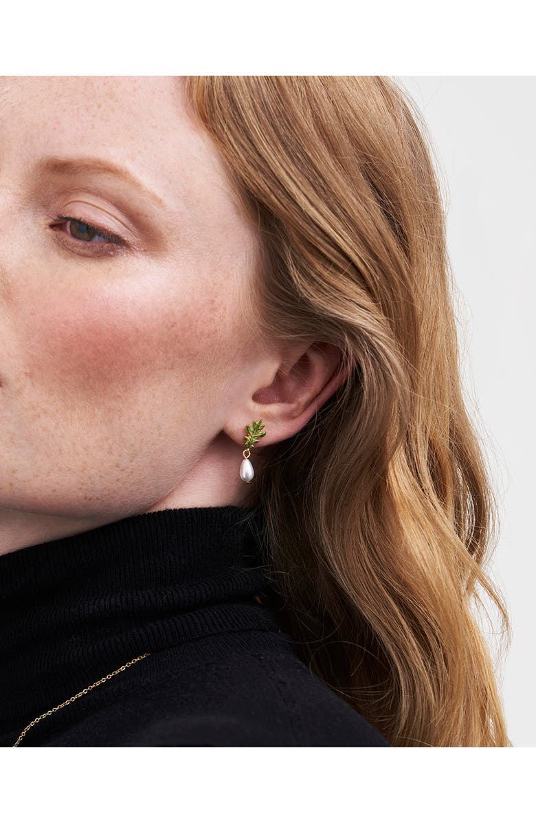 Fable England Oak Leaf Pearl Drop Gold Earrings, Alternate, color, Gold