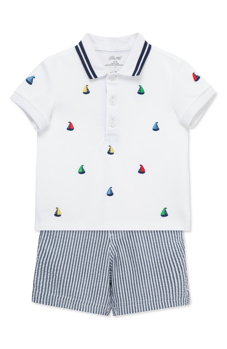 Little Me Sailboat Embroidered Cotton Polo & Stripe Shorts Set, Alternate, color, Blue