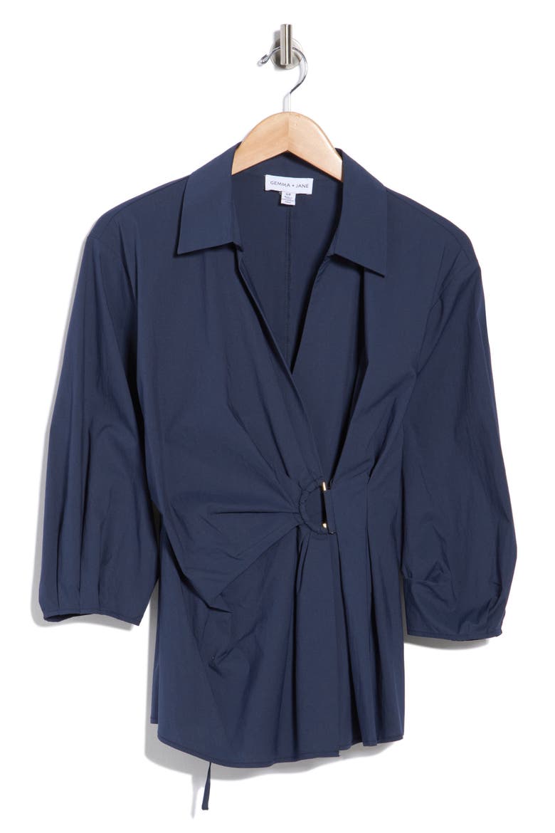 Draped D-Ring Faux Wrap Top, Alternate, color, NAVY