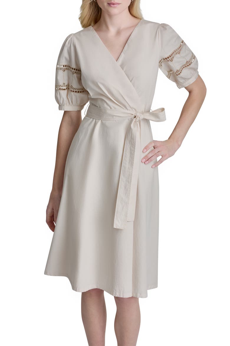 Lace Trim Faux Wrap Dress, Alternate, color, PALE KHAKI