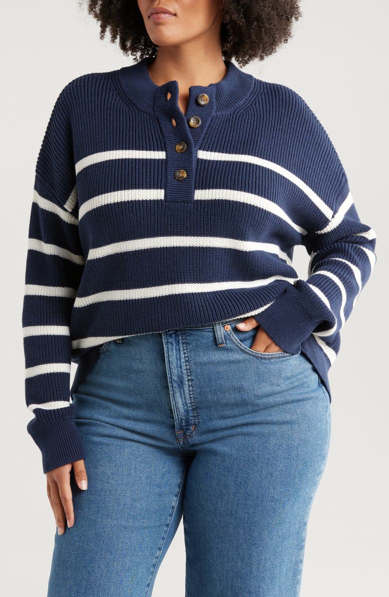 Caslon<sup>®</sup> Half Button Pima Cotton Blend Sweater, Main, color, Navy- Ivory Renee Stripe