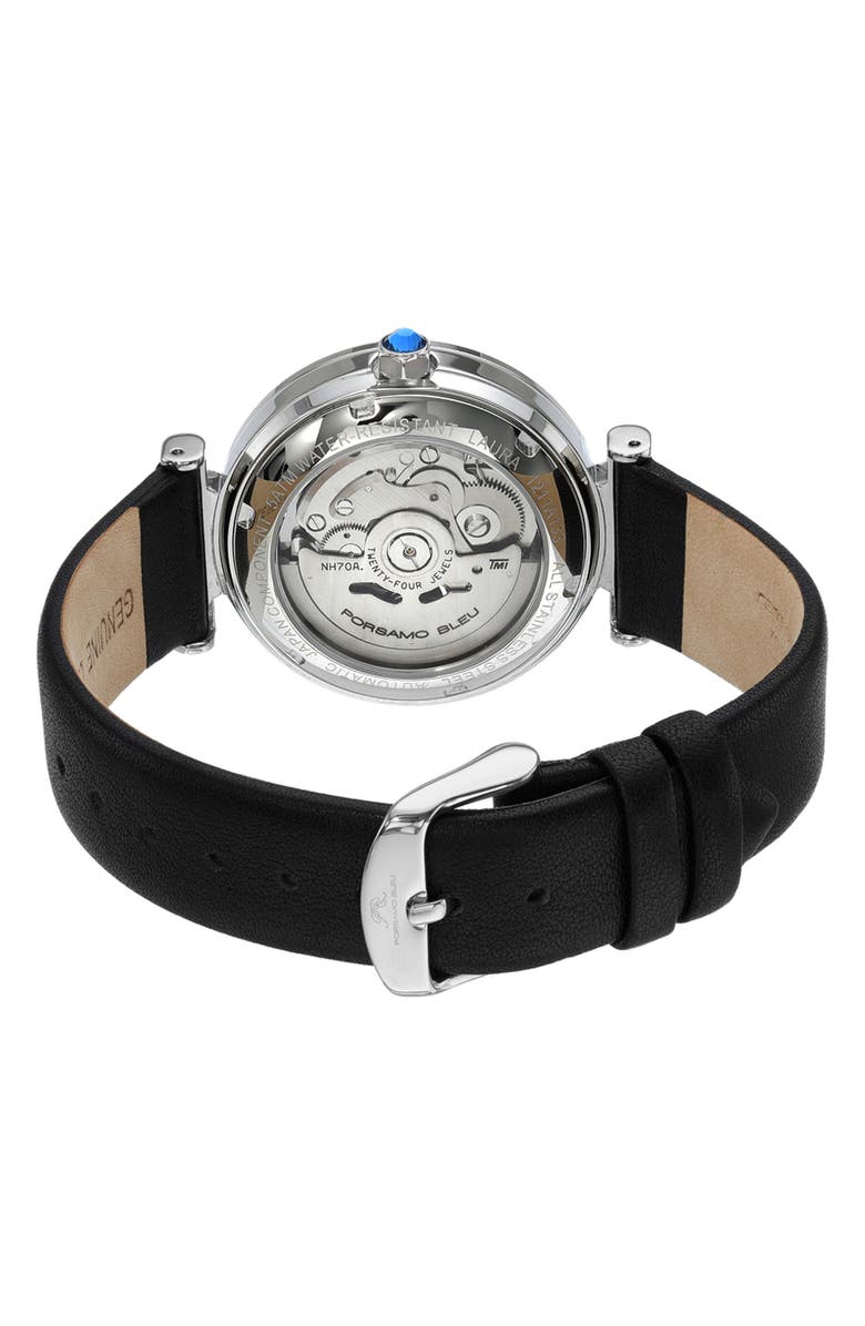 PORSAMO BLEU Laura White Topaz Automatic Leather Strap Watch, 36mm, Alternate, color, Black Silver