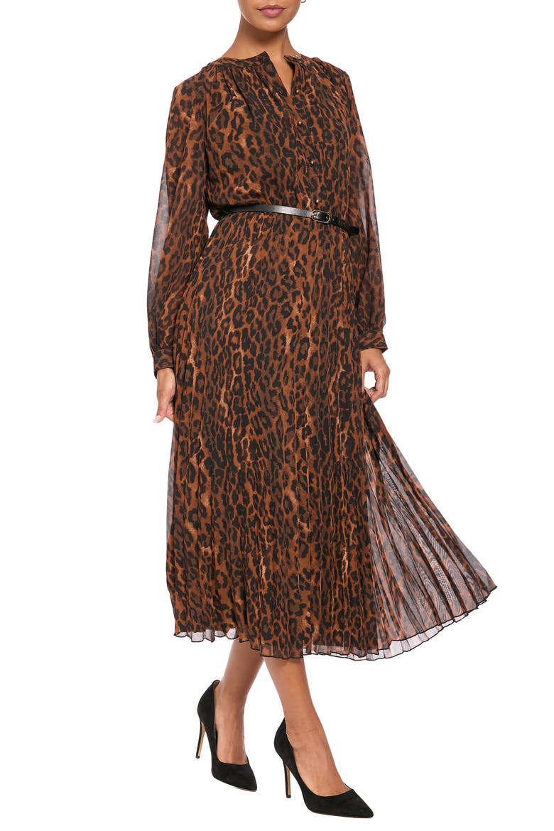 Button Up Pleated Long Sleeve Midi Dress, Alternate, color, GOLD/ BROWN