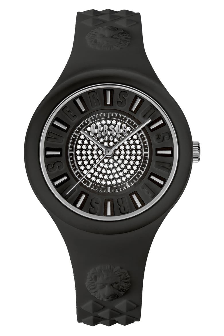 Women's Pavé Crystal Silicone Strap Watch, 39mm, Main, color, BLACK