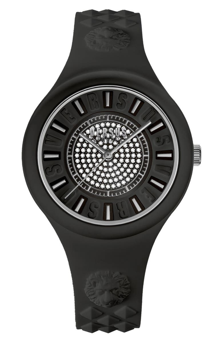 VERSUS Versace Women's Pavé Crystal Silicone Strap Watch, 39mm, Main, color, Black