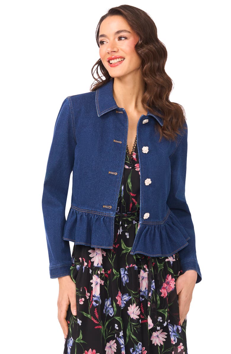 CeCe Floral Button Peplum Denim Jacket, Alternate, color, Mid Indigo