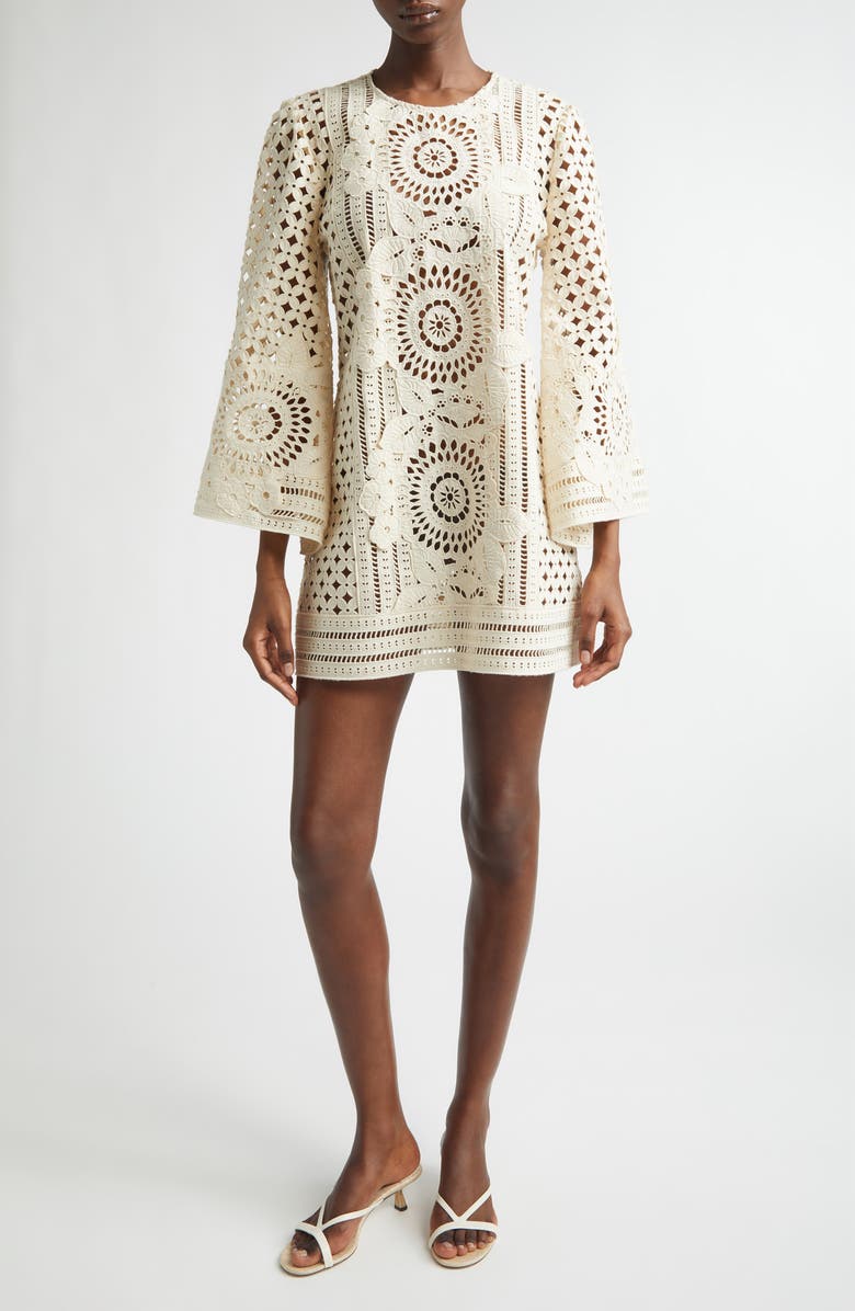 Zimmermann Indra Embroidered Silk Eyelet Minidress, Main, color, Tea