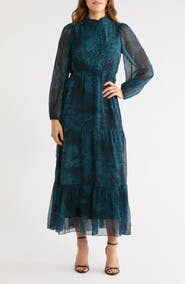 London Times Ruffle Long Sleeve Shirtdress