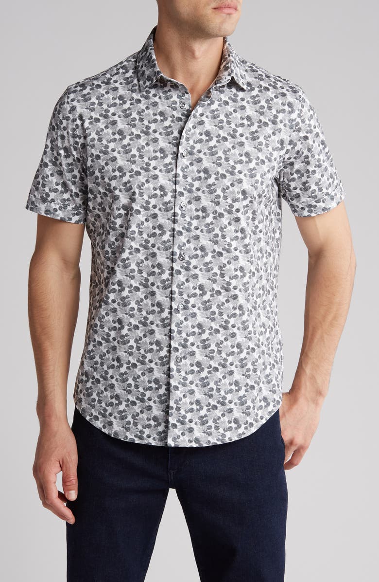 Bugatchi Geo Print OoohCotton<sup>®</sup> Short Sleeve Button-Up Shirt, Main, color, Chalk