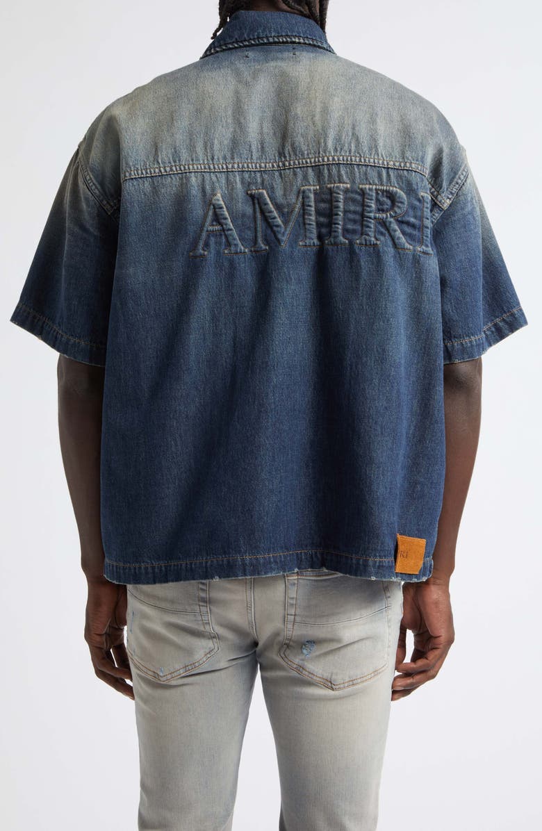 AMIRI 3D Logo Short Sleeve Snap-Up Denim Shirt, Alternate, color, Sandstone