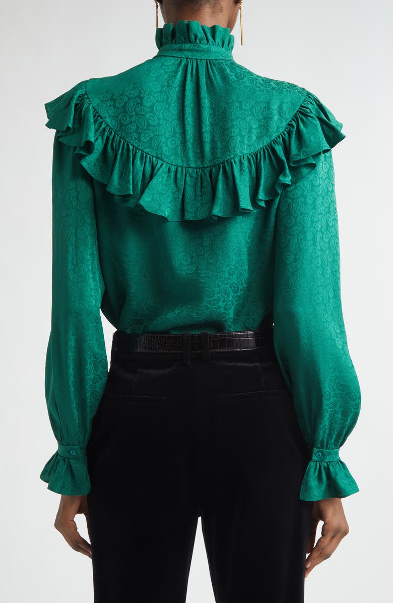 Saint Laurent Ruffled Silk Jacquard Button-Up Shirt, Alternate, color, Emeraude